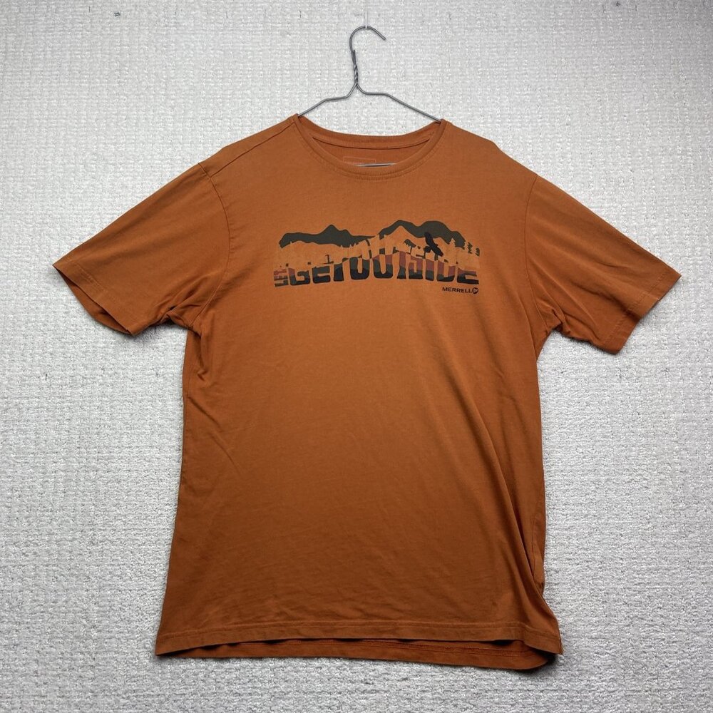 Merrell T-Shirt Mens Orange Short Sleeve Get Outside Outdoors Graphic Logo Read